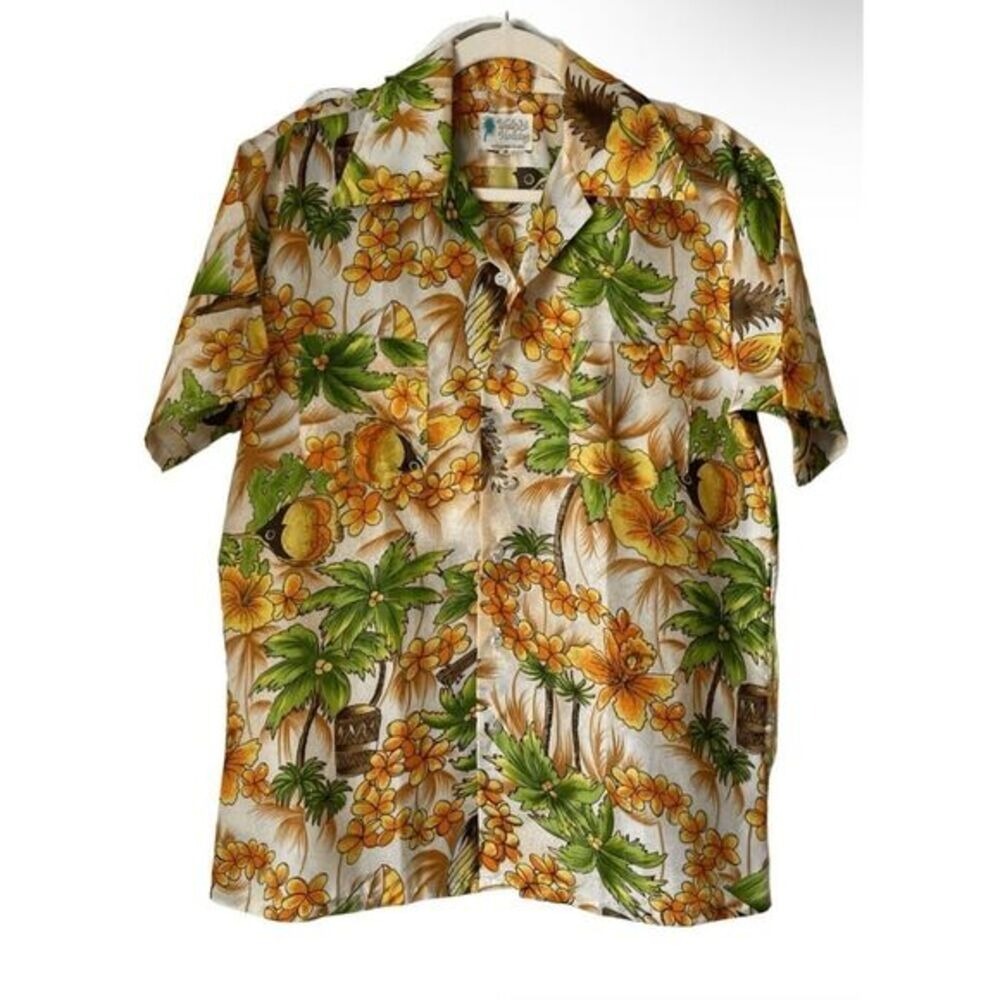 50s 60s Rare Vintage Waikiki Holiday Aloha Shirt Tropical Tree Fish‎ Sailboat